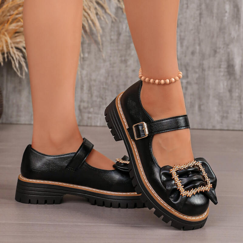 Women'S Shoes Loafers Black - Sapatos Mary Jane com Laço Decorativo