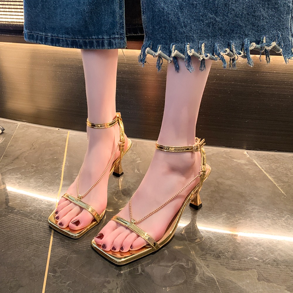 Gold Chain Sandal - Sandálias de Salto Alto Sexy com